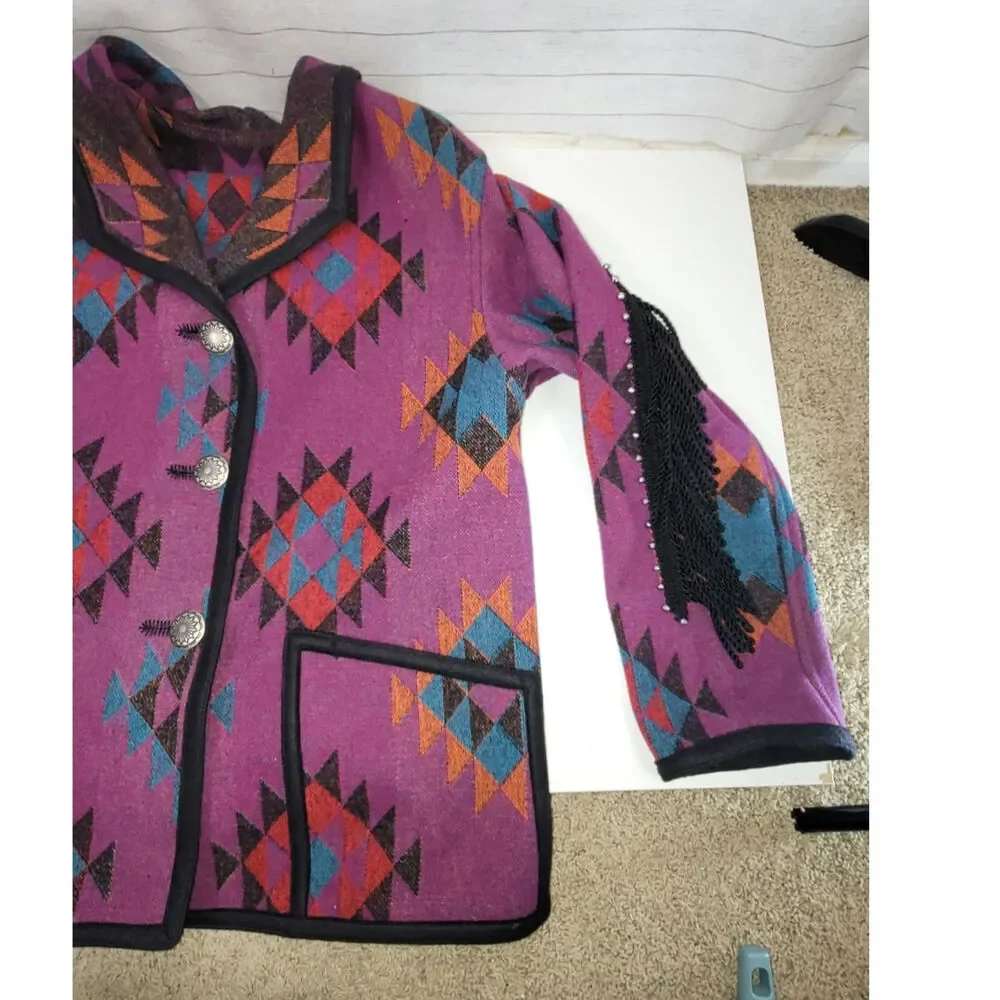 VINTAGE WOOL BLEND AZTEC PRINT BUTTON UP JACKET W FRINGE DETAIL, SZ LARGE